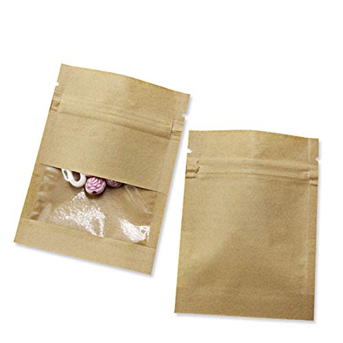 PABCK 100 pack (inner size 2.36x2.36inch) clear window airtight brown kraft paper for zip food storage lock small bags reclosable s