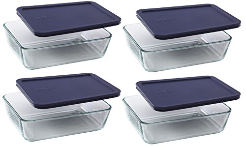 Pyrex Storage 6-Cup Rectangular Dish with Dark Blue Plastic Cover, Clear, Box of 4 Containers â€¦