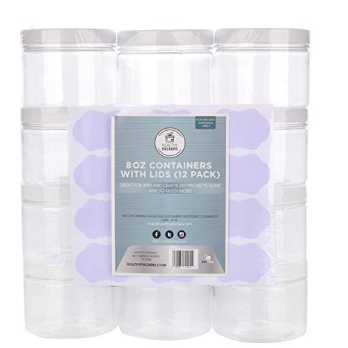 Healthy Packers Slime Containers with Water-tight Lids (8 oz, 12 Pack) -  Clear Plastic Food Storage Jars with Individual Labels- Great for