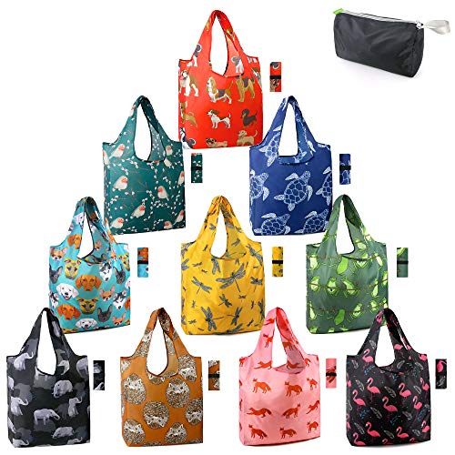 Beegreen Reusable Shopping Bags Foldable Grocery Totes 10 Pack with Zipper Carry Pouch Cute Animal Shopping Bags XLarge Machine