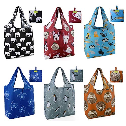 Beegreen Grocery Bags Reusable Foldable 6 Pack Shopping Bags Large 50LBS Cute Groceries Bags with Pouch Bulk Ripstop Waterproof