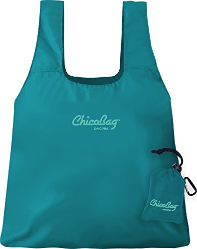ChicoBag Original Compact Reusable Grocery Bag with Attached Pouch and Carabiner Clip, Aqua Color