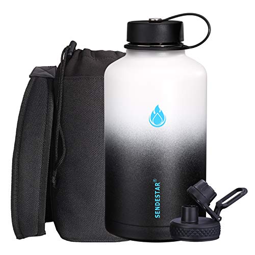 SENDESTAR 64 oz Water Bottle Double Wall Vacuum Insulated Leak Proof Stainless Steel Beer Growler +2 Lidsâ€”Wide Mouth with