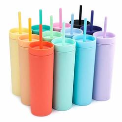 STRATA CUPS SKINNY TUMBLERS (12 pack) Matte Pastel Colored Acrylic Tumblers with Lids and Straws | Skinny, 16oz Double Wall Plastic