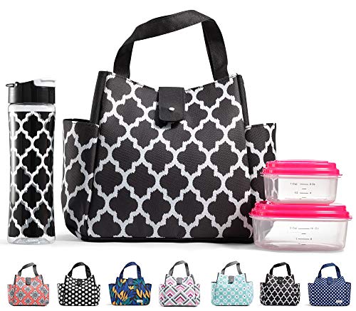 Fit & Fresh Westport Insulated Lunch Bag Kit with Matching Bottle and Containers, Black & White Ikat Tile