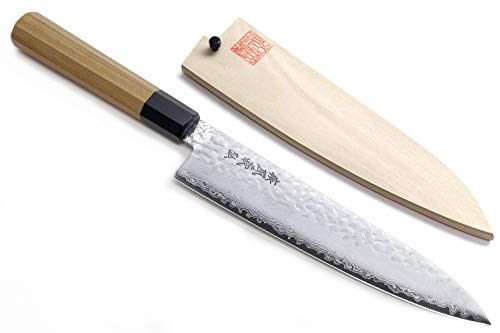 Yoshihiro VG-10 46 Layers Hammered Damascus Gyuto Japanese Chefs Knife (Octagonal Ambrosia Handle) (7'' (180mm))