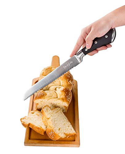 SUGUS HOUSE Professional 8 inch Serrated Bread Knife SUGUS HOUSE in black color for kitchen with Ergonomic handles, Bread Cutter,
