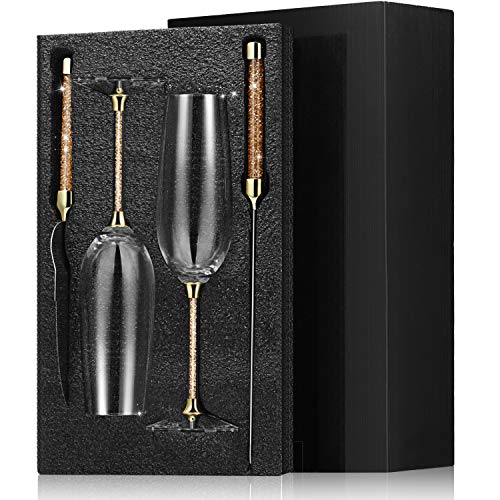 BOAO 4 Piece Wedding Toasting Flutes and Cake Server Set Glittering Bead Wedding Reception Supplies Including 2 Champagne Glasses,