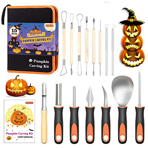 Shuttle Art Halloween Pumpkin Carving Kit, Shuttle Art 15 PCS Professional Heavy Duty Stainless Steel Pumpkin Carving Tools with Carrying