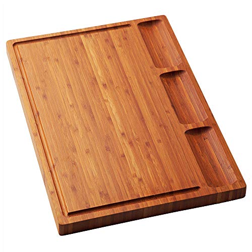 Allsum Large Bamboo Wood Cutting Board for Kitchen, Cheese Charcuterie Board Set with 3 Built-in Compartments and Juice Grooves,