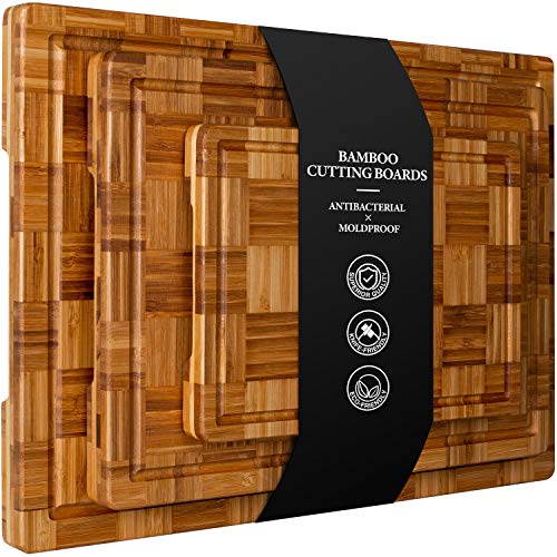 Kikcoin Extra Large Bamboo Cutting Boards, (Set of 3) Chopping Boards with Juice Groove Organic Bamboo Wood Cutting Board Set Butcher