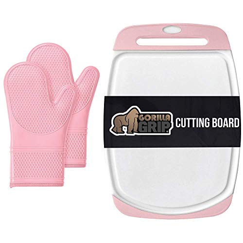 Gorilla Grip Oven Mitts Set and Large Cutting Board, Both in Pink Color,  Board is Size 16x11.2 and Dishwasher Safe, Both BPA