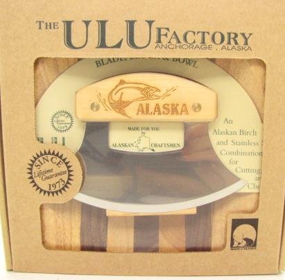 Ulu Factory Alaska Ulu Birch Walnut Stripe Wood Chopping Bowl-board Salmon Fish Design Handle