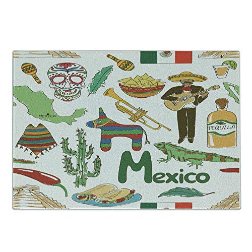 Lunarable Mexican Cutting Board, Fun Colorful Sketch Mexico Chili Pyramid Nachos Cactus Music Poncho Pattern, Decorative