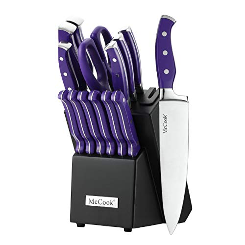 McCook MC27 14 Pieces Stainless Steel kitchen knife set with Wooden Block, Kitchen Scissors and Built-in Sharpener, Purple