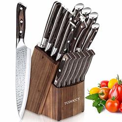 Tudoccy Kitchen Knife Set, 16-Piece Knife Set with Built-in Sharpener and Wooden Block, Precious Wengewood Handle for Chef Knife Set,