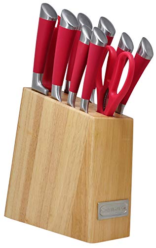 Cuisinart 11 Piece Stainless Steel Kitchen Chef Santoku Knife Set with Wooden Block and Shears, Red