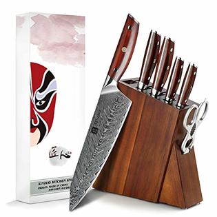 XINZUO 7PC Kitchen Knife Set with Block Wooden, Professional Damascus Steel  Chef Knife Santoku Bread Utility Fruit Knife with