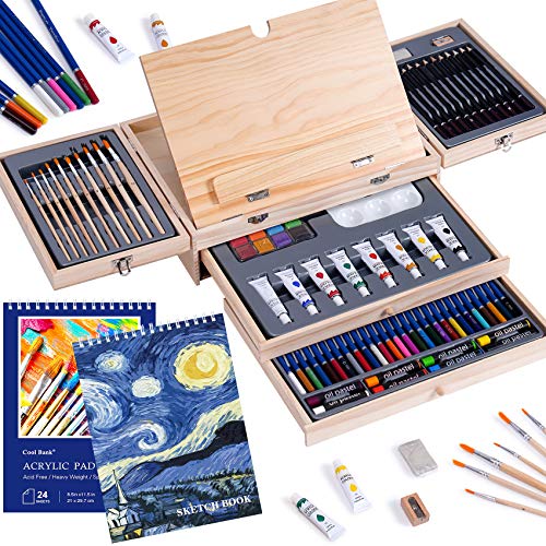 Cool Bank Professional Art Set 85 Piece with Built-in Wooden Easel, 2  Drawing Pad, Deluxe Art Set in Portable Wooden Case-Painting 