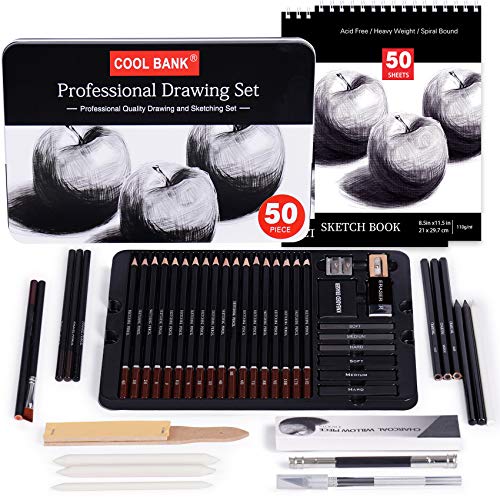 Cool Bank 52 Piece Professional Drawing Set with 2 x 50 Page Drawing Pad,  Graphite Drawing Pencils and Sketch Set, Artist Sketching