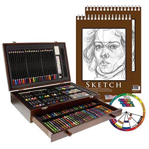 US Art Supply U.S. Art Supply 143 Piece-Mega Wood Box Art, Painting &  Drawing Set with Color Mixing Wheel and Bonus 2-9x12 Drawing