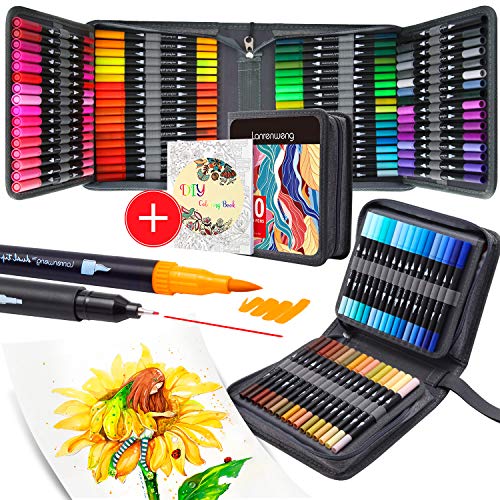 RIANCY Coloring Markers 100 Dual Tip Brush Marker Pens Fine Point