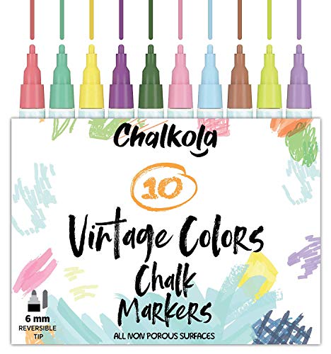 Chalkola Liquid Chalk Markers for Chalkboard, Blackboards, Window, Bistro (10 Vintage Colors) - Bold Dry Erase Marker Pens | 6mm
