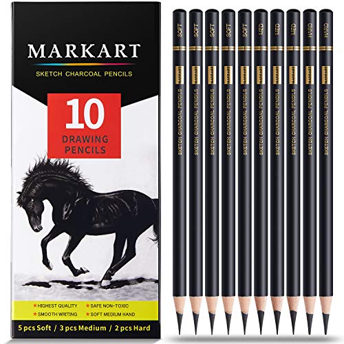 8K31QB7 Professional Charcoal Pencils Drawing Set - MARKART 10 Pieces Soft  Medium and Hard Charcoal Pencils for Drawing, Sketching