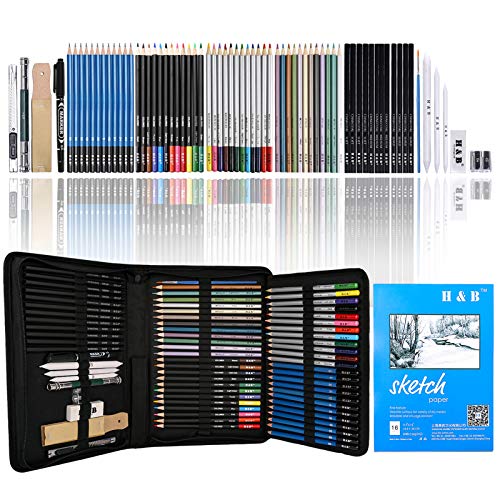 H & B 72-Piece Colored Pencils Set, Drawing Pencils and Sketching Kit,  Complete Artist Kit, Includes Graphite Pencils