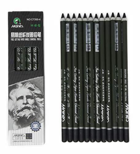 Marie's Charcoal Pencil Set - 12pcs/pk - Black Free Cutting Paper Handle Charcoal Pencil C7350 (Super Soft)