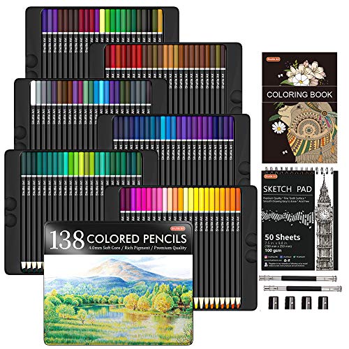 138 Colors Professional Colored Pencils, Shuttle Art Soft Core Coloring  Pencils Set with 1 Coloring Book,1 Sketch Pad, 4