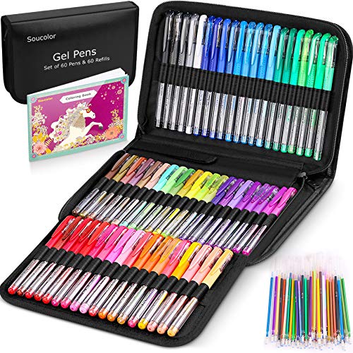 Soucolor Gel Pens for Adult Coloring Books, 122 Pack Artist Colored Gel Marker Pens Set with 40% More Ink for Kids Drawing Note Taking