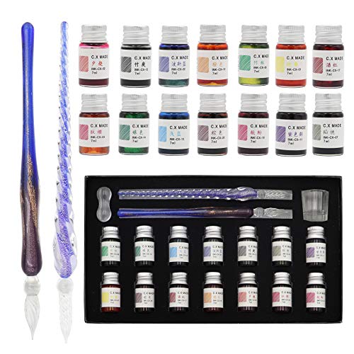 AXEARTE Glass Dip Pen Set, 18-Pieces Calligraphy Pens Set - 14 Color Inks, Pen Holder, Cleaning Cup, 2 Crystal Glass Pens for