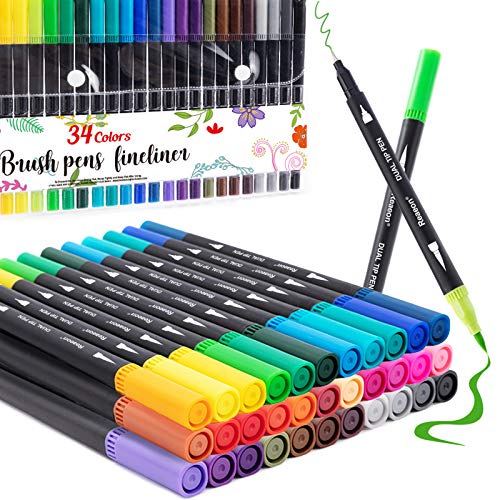 Reaeon Coloring Markers Pen, Dual Brush Tip Marker for Adult Coloring, 34  Color Calligraphy Brush Fine Tip Pen for Beginner Journal