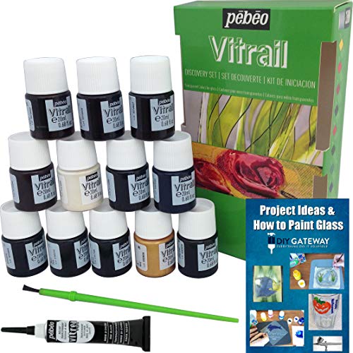 DIY Gateway Glass Paint Stain Pebeo Vitrail: 12 Pack Ultra-Transparent  Stained Glass Painting Kit + Faux Outliner + Brush + Instructional