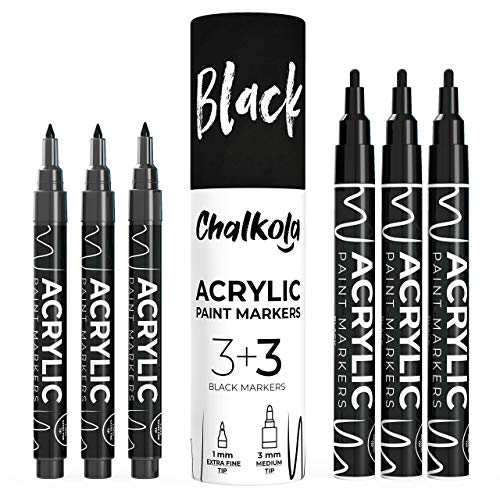 Chalkola Black Acrylic Paint pens (6 Pack) Variety Pack - Extra Fine (1mm) & Medium Tip (3mm) - Water Based Paint Markers for