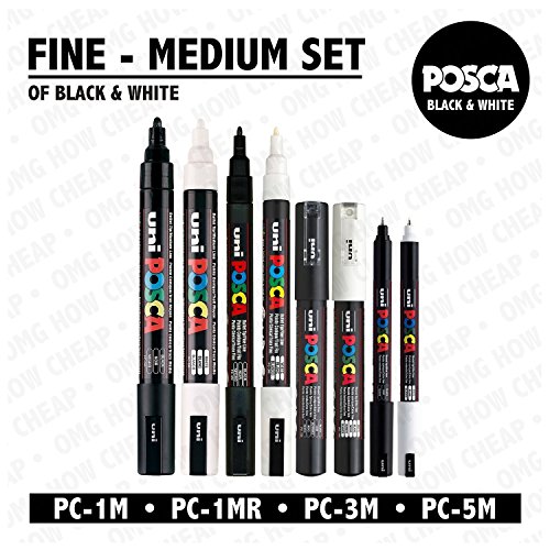 posca POSCA Black & White - Fine to Medium Set of 8 Pens (PC-5M, PC-3M,  PC-1M, PC-1MR)