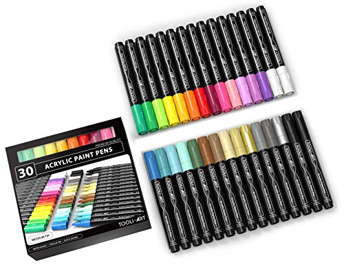 TOOLI-ART 30 Acrylic Paint Pens Assorted Markers Set 3.0mm Medium Tip for  Rock, Canvas, Mugs, Most Surfaces. Non Toxic, Water-based