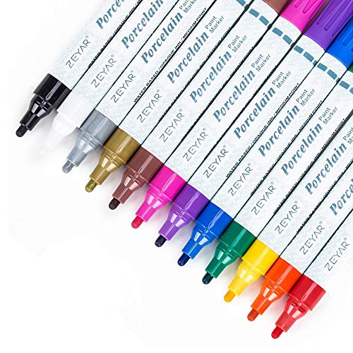 ZEYAR Acrylic Paint Pens for Porcelain use, Professional Ceramic painting, 12 colors Water-based, Medium Point, Water and
