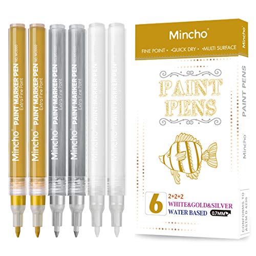 Mincho White Paint Pen, 0.7mm Acrylic 2 White, 2 Gold, 2 Silver