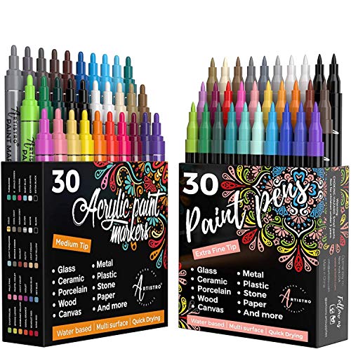 Artistro 30 Acrylic Paint Markers Medium Tip and 30 Acrylic Paint Markers  Extra Fine Tip, Bundle for Rock Painting, Wood