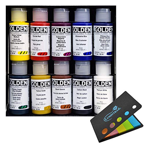 Golden Artist Color Principal 10 Professional Fluid Acrylic Set #905, with  Lumintrail Sticky Notes