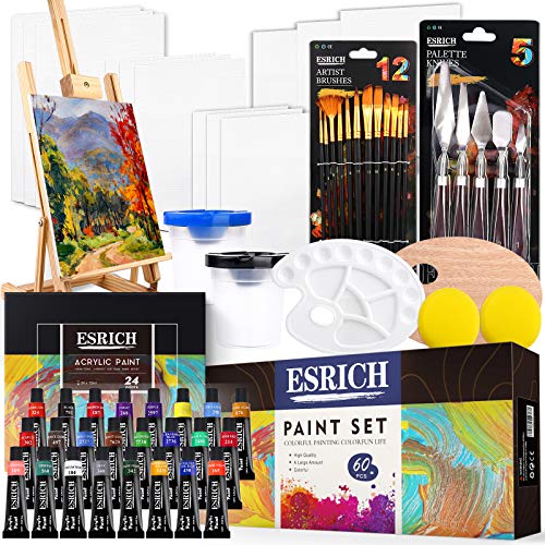 ESRICH Professional Acrylic Paint Set, 60 Pieces with Paint Brushes,Acrylic  Paint,Easel,4 Sizes Blank Canvases,Palette, Paint