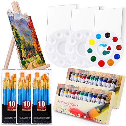 ESRICH Acrylic Painting Set with 1 Wooden Easel 3 Canvas Panels30 Pcs Nylon Hair Brushes 3 Pcs Paint Plates and 2 Pcs of 12ml Acrylic Paint in 12