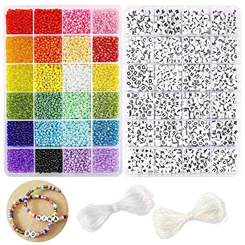 DICOBD Beads Kit 10800pcs 3mm Glass Seed Beads and 1200pcs Letter Beads with 2 Rolls of Cord for Bracelets Necklaces Key