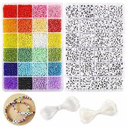 DICOBD Beads Kit 10800pcs 3mm Glass Seed Beads and 1200pcs Letter Beads with 2 Rolls of Cord for Bracelets Necklaces Key