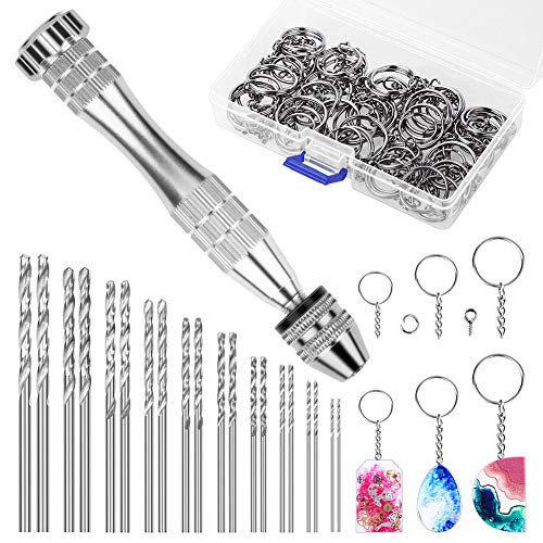 PAXCOO Pin Vise Hand Drill for Resin Casting Molds, Jewelry Resin Drill  with 60 PCS Keychain Hardware Kit and 20 Pcs Small Drill