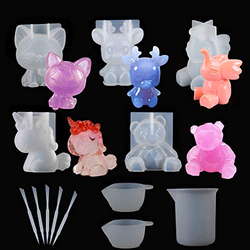 Suhome 5 PCS 3D Animal Resin Molds Large Resin Casting Molds Unicorn, Bear, Cat, Elephant, Elk Silicone Resin Molds for