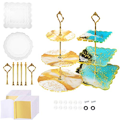 MOTASOM 2 Pack 3 Tier Cake Stand Resin Tray Molds, Epoxy Resin Casting Mold  with 6Pcs Crown Brackets and 20 Gold Foils, DIY Silicone