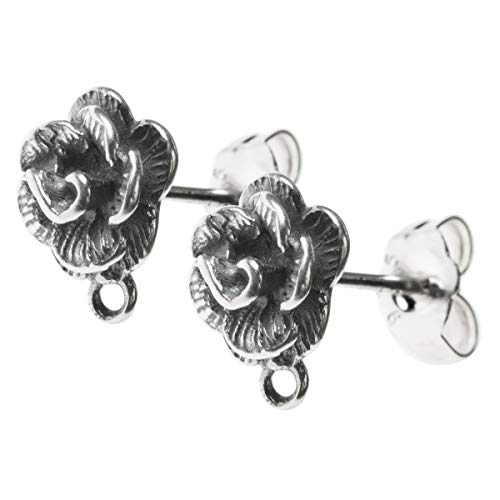 Dreambell 4pcs .925 Sterling Silver 8mm Rose Stud Earrings Connector W/Loop Ring & Post w/Clutches/Earnut/Antique